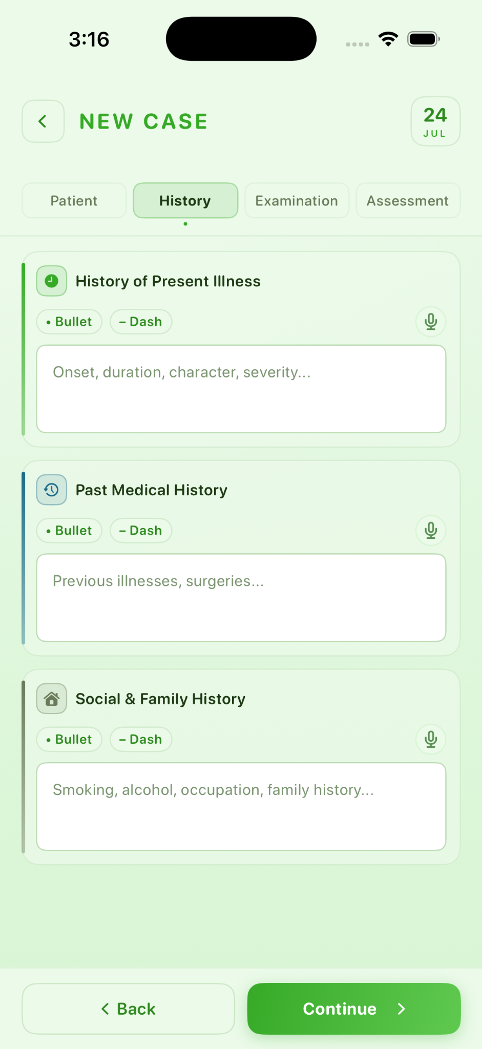 History entry screen